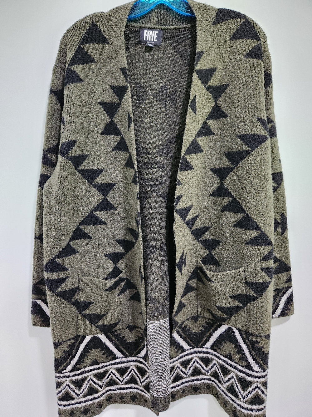 FRYE Olive & Black Aztec-Pattern Open Cardigan